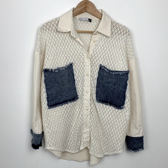 Tiffany & Tomato Knitted Crochet Denim Patch Blouse Shirt - Picture 2 of 10